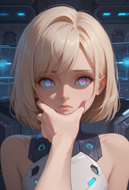 score_9, score_8_up, score_7_up, 1 girl, solo, povcheekgrabbing, solo focus, hand on another's face, cute, young, closed mouth, sad, indoor, mind control, leotard, indoor, futuristic, intricate background, looking at viewer