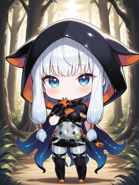 chibi,namielle armor,1girl,solo,long hair,white hair,blue eyes,looking at viewer,hand on own chin,blush,closed mouth,standing,knife sheath,sidelocks,blue hair,orange tentacle cape,black hood,black gloves,black shorts,black thigh boots,silver thighhighs,silver bodysuit,waving,forest,
masterpiece,best quality,amazing quality,very aesthetic,absurdres,newest,<lora:Namielle Beta Armor illuXL v1:0.75>,