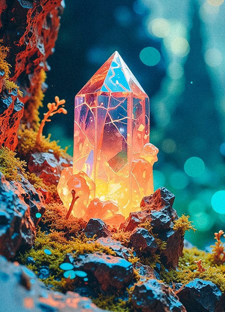 A close-up shot of an extraterrestrial crystal embedded in the wall of a futuristic cavern, captured in a dim and eerie setting. The crystal features sharp, geometric facets in hues of deep orange, amethyst, and emerald, with a faint internal glow. Tiny, luminous veins run through the surrounding rock, casting an ethereal light. The background showcases a soft bokeh of alien cave formations and bioluminescent moss, creating a haunting and mysterious ambiance. The composition focuses on the crystal, with sharp detail on the intricate facets and glowing veins. 8k resolution, highly detailed textures, biomechanical patterns, soft colors, alien bokeh background, ultra-realistic, studio-quality photo.
