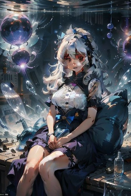 masterpiece,best quality,1girl,very wide shot,Dress - Gem - starry sky - fusion,((1girl)),underwater,Bright and colorful,{Atlantis},purple water,Sea of Stars,The Girl in the Giant Glass Bottle:5,((Huge glass bottle))- ((A huge white-haired girl)),bubbles,star pillow,((The Girl in Sleep)),cowboy shot:3,small breasts:5,skirt set,((doll)),<lora:Newspaper:1>,