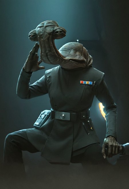 an ithorian hammerhead alien wearing Imperial officer wearing a (color) uniform, dynamic, moody, darkness, shadows, dark, sinister, highly detailed