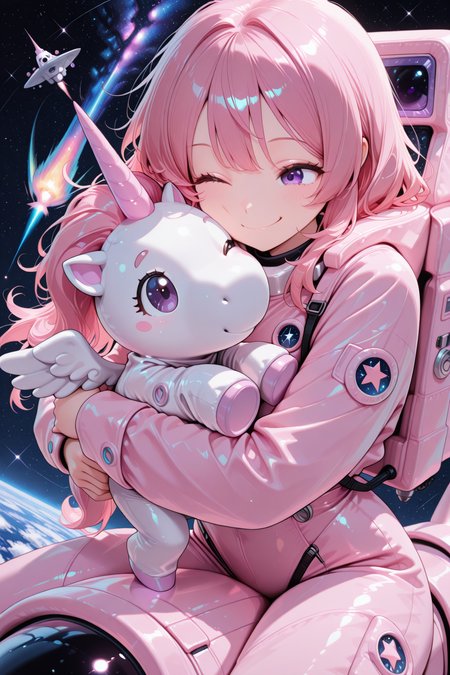 embedding:lazympos CivChan,purple eyes,pink hair,kawaii astronaut suit,riding a rocket-shaped unicorn,galaxy filled with candy planets and gumdrop meteors,winking,holding a starry plush toy. <lora:CivChan:0.9000000000000001> <lora:TrendCraft_The_Peoples_Style_Detailer-v1.0A-3_13_2025-illustrious:0.4000000000000001>