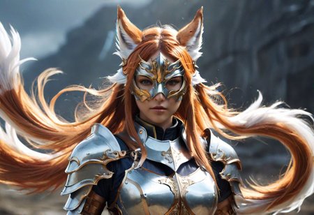 waifu, valkyrie, kitsune, (mystical mask:1.3), (gleaming armor: 1.2), (flowing hair:1.1), (multiple tails:1.2), (windswept battlefield:0.8), dramatic lighting, hyperrealistic