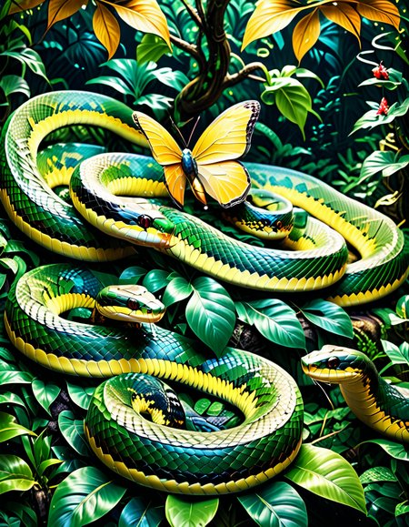 "A surreal landscape where snakes mimic plants, giant pythons forming trees, cobras spread like flowers, their scales glowing like iridescent leaves, hyperdetailed resin textures, photorealistic butterflies landing softly, lush jungle atmosphere, blending awe and unease." <lora:SDXLFaeTastic2400:0.4> <lora:extremely_detailed:0.4> extremely detailed, <lora:sn4ke:1>,sn4ke, Masterpiece,best quality,hi res,8k,hi res,8k,award winning,(sharp focus, intricate, highly detailed),