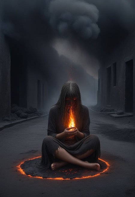 ((image of a lonely young girl sitting in a dark street realm)),hair covering face,ragged clothes,(feet covered in ash),ash falling from the skies,dark background,emptiness,,seen from far away,(fire circle in background with dripping lava),(fire on her hands),dim fire circle around her hands,deep darkness,hopeless