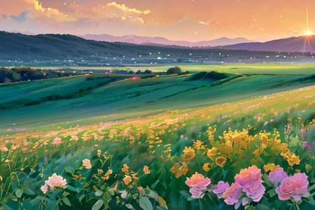 green plain, sunset, golden hour, landscape, ultra detailed, flowers,