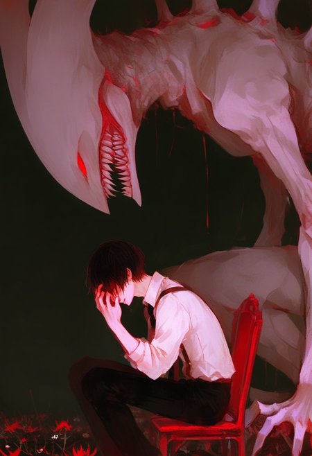 sitting, black pants, shirt, pants, teeth, white shirt, chair, 1boy, short hair, blood, red eyes, sharp teeth, black necktie, monster, male focus, flower, glowing, necktie, black hair, dark background, collared shirt, black background, from side <lora:748cmXL_NB11_lokr_V6311P:0.95>