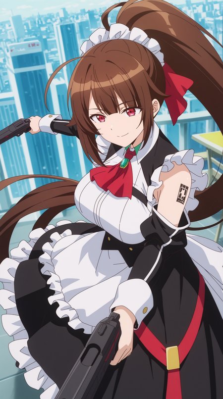 masterpiece, best quality, amazing quality, aesthetic,  absurdres, best quality, 4k, upscale, sidelocks, holding guns, dual wielding, dynamic pose, fighting stance, foreshortening, city, science fiction,  Amagi, 1girl, brown hair, solo, long hair, maid, ponytail, smile, apron,  maid headdress, tattoo, detached sleeves, chair, very long hair, dress, red eyes, maid apron, large breasts, hair ribbon, ahoge, shoulder tattoo, ribbon, black dress    <lora:Amagi_IL:0.8>
