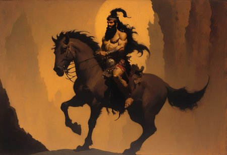 Frank Frazetta fantasy dark fantasy oil painting of  AhuramazdaV1, he has light brown skin and flowing straight black hair.