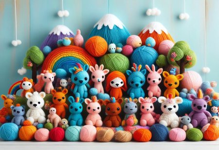 score_9, score_8_up, score_7_up, Yarnworld, rainbow colors, chibi animals, made of yarn, cute design, 
colorful detailed background,