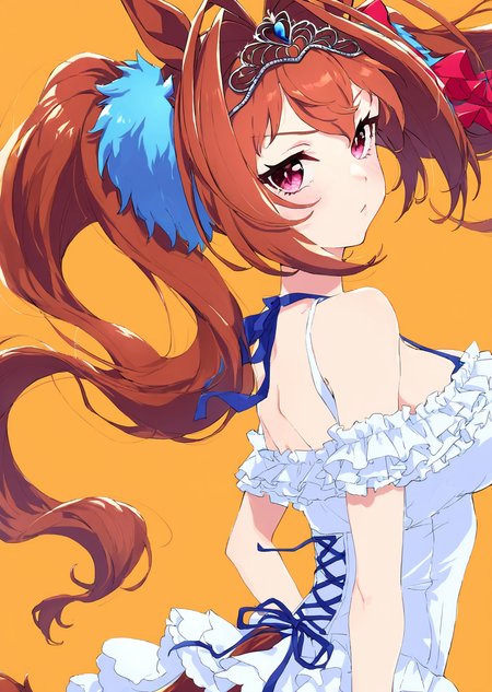 <lora:zetsuyochimayo241029:1>,1girl,daiwa scarlet \(umamusume\),looking at viewer,simple background,cowboy_shot,orange background,
