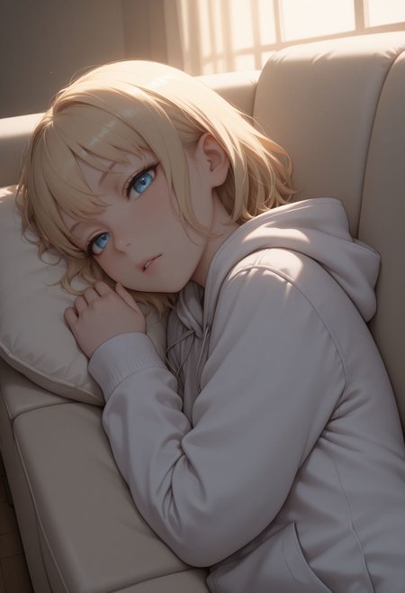 masterpiece,best quality,absurdres,highres,very aesthetic,high quality,detailed,insanely detailed,beautiful,perfect lighting, looking at viewer, 
<lora:Leivinia Birdway illu:1> 1girl, blonde hair, blue eyes, short hair,
1girl, solo, sleeping, sofa, hoodie, sleeping, indoors