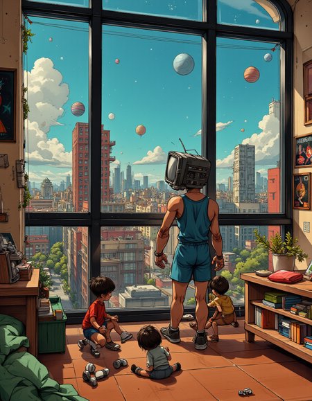Meet RONiN,an animated Hispanic young male with a retro TV for a head. He's equipped with cybernetic gear and gadgets that make him the badass he is today.   As you look out from the top of a skyscraper,you can see it all: the city below,the stars above,and everything in between. RONiN's favorite view is a far-reaching one,taking in the entire galaxy and beyond.   In his playroom,RONiN has set up a space station,complete with a cowboy bebop galaxy space planet poster hanging on the wall. The floor is made of polished metal,and there are robots playing with kids just like yours. The decor is stencil-like,adding to the playful and colorful atmosphere.   The colors used in this world are earthy,evoking a sense of growth and stability. RONiN's cyborg body may be tough,but his heart is soft,and he loves to have fun.   From the 1970s to present day,this world has been living on the edge of dieselpunk,pushing the boundaries of what's possible with every step. Step into RONiN's world and experience a new kind of adventure.,<lora:Architectural_Sketching:1>,
