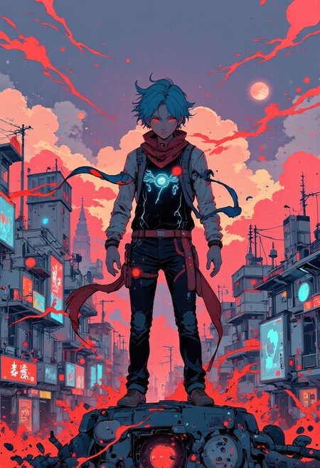 A dynamic and colorful manga illustration featuring a heroic young protagonist standing atop a futuristic cityscape during twilight. The character has spiky, bright teal hair, a flowing red scarf, and a high-tech battle suit adorned with glowing neon circuits. The city below is a sprawling labyrinth of towering skyscrapers with holographic billboards, flying vehicles, and intricate sky bridges. The sky is painted with vivid hues of orange, purple, and pink, while a crescent moon glows faintly in the distance. The artwork emphasizes bold linework, expressive facial features, and dramatic lighting typical of shonen manga. Add intense motion effects, glowing energy bursts around the protagonist, and a hint of wind blowing through their scarf and hair to capture the sense of action and adventure.