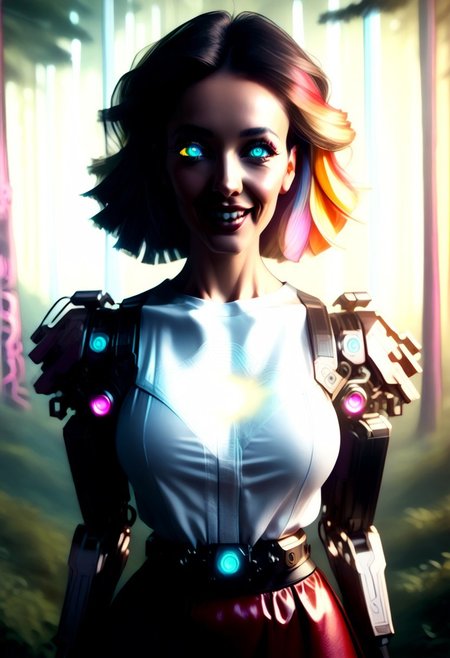 CyberpunkWorld, Realism_Quality_2xx_By_Stable_Yogi, score_9, score_8_up, score_7_up, score_6_up, score_5_up, score_4_up, solo, low angle picture, low angle, 1female, 34 years old, beautiful, cute face, tall female, mature female, curvy, Masterpiece, 32k, photorealistic:1.4, small waist, wide hips, high cheekbones, oval face, seductive, happy, horny, gentle smile, supermodel, detailed scenery, wide view, mature female, big eyes, glowing eyes, bright blue eyes, solo, mature female, Older woman, leaning forward, teasing,  auntsujeong, 1girl, mature female, Expressiveh, solo, open mouth, smile, shirt, upper body, light blue shirt, golden buttons, short skirt, leather skirt, red skirt, looking at viewer, good anatomy, front view, long sleeves, puffy sleeves, thick thighs, upper body, Older woman, fully dressed, (mechanical cyberpunk style colorful glowing forest:2)