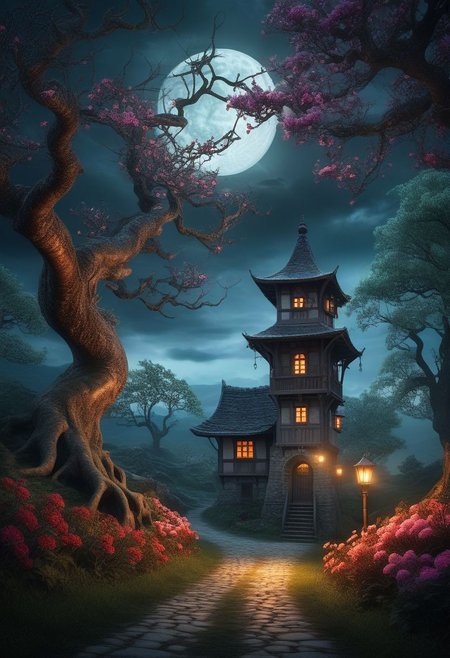 A mesmerizing mythical nightscape featuring a dark, cloudy sky with a full moon casting eerie shadows. In the foreground, a towering tree with twisted branches and glowing flowers illuminates the mysterious path ahead. Ethereal creatures like unicorns, fairies, and elves are seen interacting with the environment. The background reveals a distant, mystical village with glowing windows and a watchtower. The overall ambiance of the image is enchanting, mystical, and slightly eerie.
