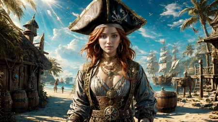 (young redhead pirate woman), ((oil paint) portrait), (parrot:1.2), sharp focus, (ultradetailed), (standing), (happy) smile, pirate (ship galleon:1.2,  hoop earrings, gold medallion, Steel Gray pirate clothes, pirate hat, hips,  pirate (village), leafy beach coast, (treasure chest with coins, gems and jewels:1.2), (rum barrel), best quality masterpiece,  bright sunny sky, backlight, natural lights, high contrast, hdr, shadows, pretty, beautiful, feminine, sexy, adorable, lovely, in love, (PirateDiffusionprt:0.5),  <lora:Pirate:0.3>  PrateT  <lora:PirateRealms:0.3> <lora:Detail Tweaker LoRA add_detail:0.8> <lora:depth_of_field_slider_v1:5> <lora:SDXLrender_v2.0:0.9>