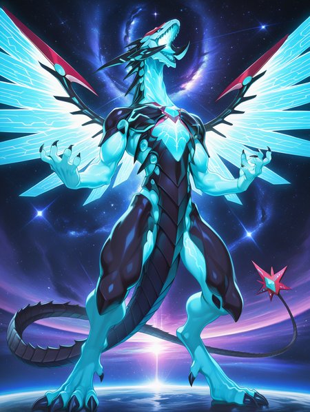 galaxy-eyes photon dragon, no humans, solo, open mouth, full body, sharp teeth, space, standing, glowing, tongue, spikes, star, (sky), 1other, blue dragon
masterpiece,best quality,amazing quality,very aesthetic,absurdres,newest,<lora:Galaxy-Eyes Prime Photon Dragon illuXL v2.3:0.75>,