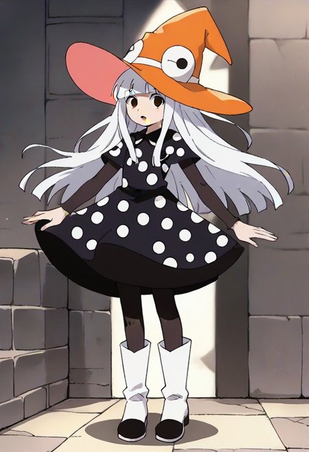 source_anime, anime, (vivid colors, bright colors:1.1),, adult, white hair,long hair,bangs,orange hat, thin hat, witch hat, black dress,black pantyhose,white boots,polka dots,polka dot dress, <lora:Eureka_Frog_v10:1>,