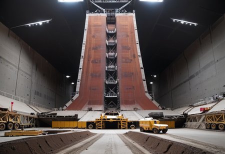 a large metal structure sitting in a construction area, a soldier is standing in front of a tank, a tower with a radio tower on top of it, monitor, hallway, Industrial_Futurism,