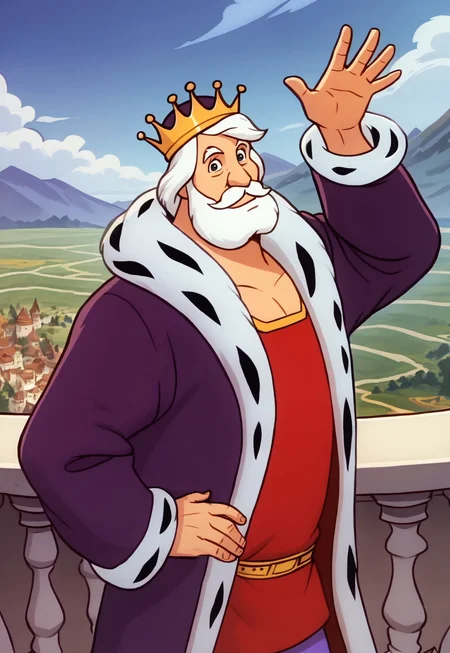 score_9, score_8_up, KingGregor, medium hair, white hair, black eyes, beard, mustache, mature male, muscular, fat, crown, dark-purple robe, fur trim, red tunic, gold belt, violet leggings, waving, looking at viewer, smile, dynamic pose, detailed background, dutch angle, upper body, cowboy shot, balcony, blue sky, fantasy kingdom, mountain range, clouds, one hand on hip,