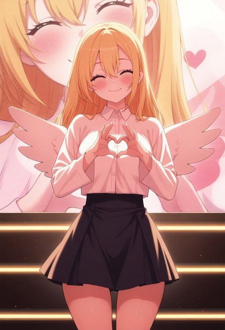 masterpiece,best quality,amazing quality, amano ririsa, long hair, blonde hair, blue eyes, 1girl, solo, heart hands, closed eyes, heart, smile, wings,on stage, blush, ^ ^