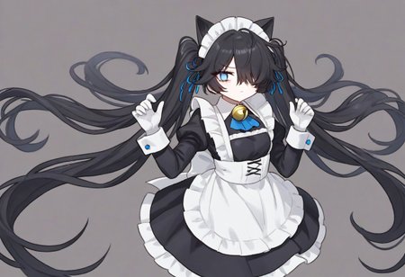(Maid-kasli), solo, white gloves, dress, hair over one eye, maid apron, blue eyes, twintails, cat ears, maid headdress, maid, gloves, 1girl, apron, juliet sleeves, long sleeves, long hair, black hair, animal ears, bell,(Fall down),