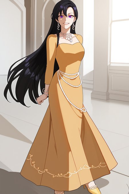 score_9, score_8_up, score_7_up, masterpiece, high quality, extreme detail, absurdres, (detailed skin texture) BREAK
 <lora:leilin shan candmionePonyLoRA:1>Leilin, very long hair, black hair, hair ornament, purple eyes, earrings, pendant choker, bracelet, ring, yellow Dress, string of pearls, anklet, yellow footwear, hands behind back, happy, ballroom, leaning forward, long sleeves