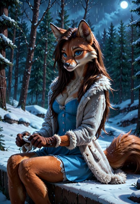 score_10_up, score_9_up, score_8_up, score_7_up, score_6_up, photorealistic, epiCPhotoGasm-colorfulPhoto, Realistic, highres, super high resolution, 8k, realistic fur, fluffy, furry, anthro, Alice, Alice (tiny bunny), she-fox, fox, sitting, clutching her legs, trying to warm up, frightened eyes, long hair, fur jacket, fur pants, blizzard, snow, night, storm, blizzard, dark forest, very detailed, detailed fur, fluffy, very realistic, realistic, detailed background 