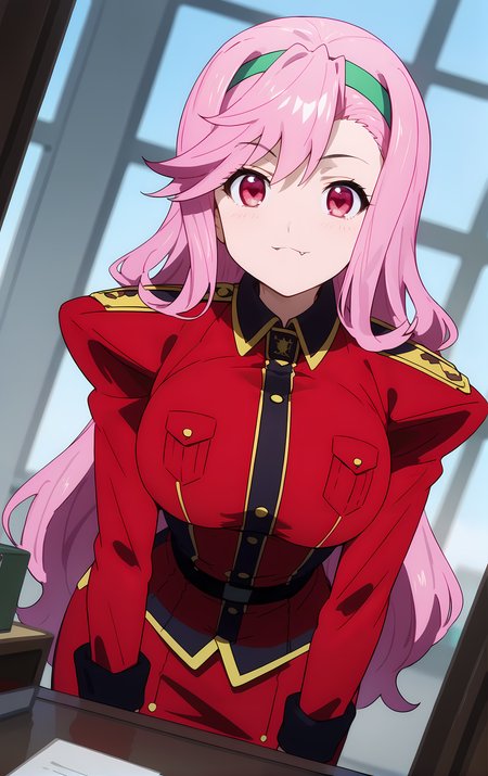 (score_9, score_8_up, score_7_up), standing, leaning forward, looking at viewer, light smile, closed mouth, shiny skin, tight clothes,
ohwx, 1girl, solo, pink_hair, long_hair, hairband, pink_eyes, red eyes, heart, fang, fang_out, breasts, large_breasts,
uniform, military_uniform, military, skirt,
office,
cowboy shot, dutch angle, close-up,
 <lora:shiria_ootsuka_pony_ss:1>