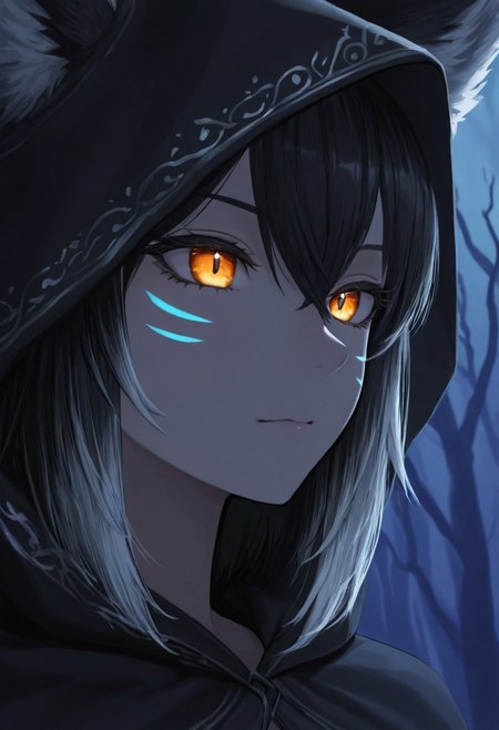 A cute fox girl standing in a shadowy forest at night, Close-up portrait of a cute fox girl at night, focusing on her face and upper torso, fox ears with soft fur, glowing amber eyes and delicate bioluminescent cheek markings, wearing a sleek black hooded cloak edged with silver filigree, moonlight catching the fine hairs and embroidery, soft shadows and highlights accentuating her playful yet mysterious expression, high-detail digital painting, 8K, cinematic lighting, sharp focus on eyes and fur texture