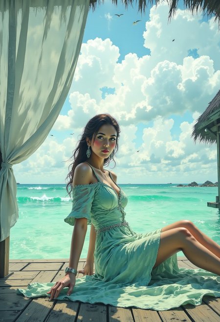 Maldives Overwater Bungalow – Soft Aqua Green Dress
A young woman reclines on a wooden deck of an overwater bungalow in the Maldives, surrounded by crystal-clear turquoise waters. She wears a soft aqua green dress with sheer off-shoulder sleeves, the light fabric moving gently with the ocean breeze. A delicate white curtain billows in the wind, framing the endless horizon where the sky meets the sea. The gentle sound of lapping waves and distant seagulls creates a perfect moment of tropical serenity.