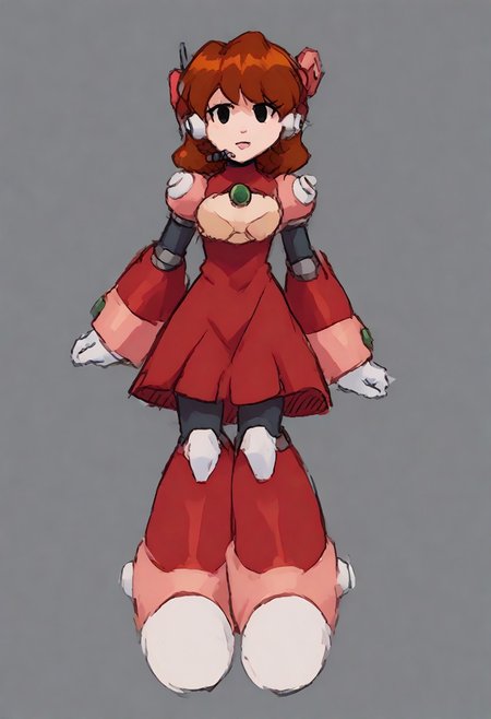 megamanreploid, android, gloves, armor, bodysuit, robot ears, headset, white gloves, Alia's bodysuit, red dress, mecha dress, armored dress, GF FNF, HD Quality, 1080 FHD quality