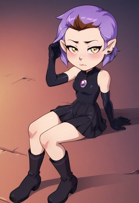 score_9, score_8_up, score_7_up, score_6_up, score_5_up, score_4_up, amity blight, short hair, tow toned hair, purple hair, brown hair, yellow eyes, pointed ears, goth dress, pleated skirt, black dress, latex, sleeveless, arm length gloves, black gloves, boots, mouth closed, looking at viewer, half-closed eyes, blush