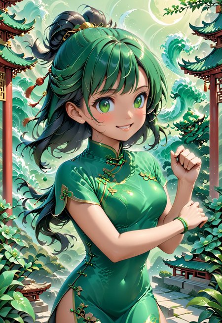 score_9, score_8_up, score_7_up, score_6_up, 1girl, petite body, 19yo beatifull, chinese girl, wearing green Cheongsam , fighting stance,  cute , shy, smile, background: chinese temple made out of jade, detailed background,  refreshing, dynamic lighting, dramatic and magical,