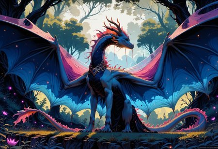 score_9, score_8_up, score_7_up, score_6_up, score_5_up, score_4_up, A mystic (((feral dragon))) with ethereal wings,  ethereal, vivid colours, lush, dreamlike, detailed and vibrant, full scene composition, good anatomy, beautiful eyes, mystical, elegant, beautiful, high res, Ethereal Brushstroke, translucent wings