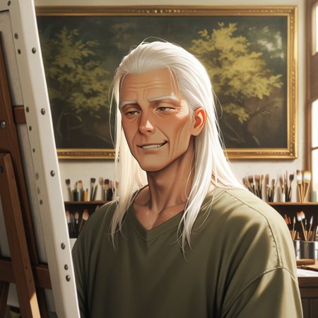 masterpiece, best quality, amazing quality, absurdres, newest, detailed background, definition so sharp, Ultra-HD, 8K cinematic, very awa, impressionate, amazing quality, highres, 
solo, male focus, manly, 
daikakukokujouji, lieutenant_white hair, lieutenant_brown eyes, 1boy, solo, old man, long hair, painting, focused expression, slight smirk,loose-fitting clothes, art studio, natural light, paintbrushes, canvas, satisfied, creative, absorbed, expressive, calm, joyful, cool hobby