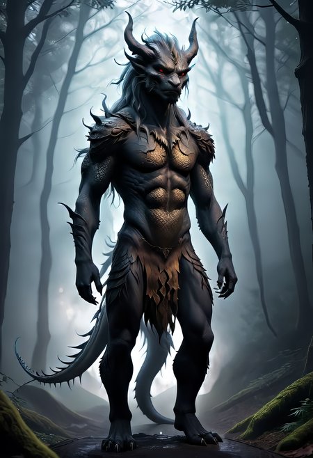 ASCIIanime artwork human dragon hybrid, human head, dragon scale skin, dragon eyes, male focus, full body, standing, grimdark, creepy tale:1.15, dark forest background, with rolling mist rim lighting, style of Anato Finnstark, by alena aenami, <lora:RM_Niji_v1.0_bf16:0.8> . anime style, key visual, vibrant, studio anime,  highly detailed