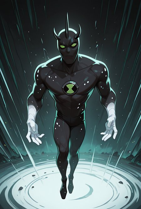 <lora:alienx-09:1> alienx, 1boy, green eyes, horns, matte black skin, full body, dynamic pose, white hands, wide face, white spots on body,     <lora:Kazuya_Guy-il:1> mikus-concept,  looking at viewer,, masterpiece, best quality, amazing quality, very aesthetic, absurdres, newest,