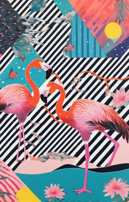 collage patterns vibrant colors, a flamingo on a lake, diagonal stripes , houndstooth , diagonal stripes, <lora:Tomat:.8> cosmic, check,
