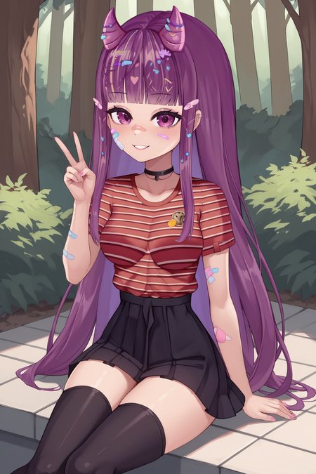 score_9, score_8_up, score_7_up, score_6_up, BREAK, KottyVTXL, bandaid on face, purple eyes, purple hair, long hair, blunt bangs, hair ornament, purple horns, black choker, medium breasts, striped shirt, red shirt, short sleeves, black skirt, black thighhighs, solo, sitting, peace sign, above view, looking at viewer, seductive smile, (forest) <lora:KottyVTXL:0.9>