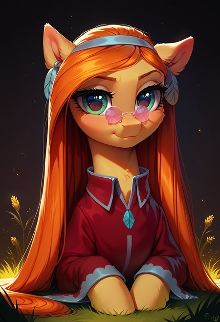 score_9, score_8_up, score_7_up, zPDXL3, high details, masterpiece, my little pony, 1girl, solo, cowboy shot
BREAK wheat_grass_mlp, feral, pony, tail, sexy, detailed fur, fluffy, eye lashes, lidden eyes, (perfect eyes:1.1), green eyes, orange hair, yellow body, cute, youthful, adorable, flirty expression, raised eyebrow, long hair, small round sunglasses, peace sigh earrings, red shirt