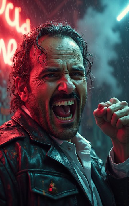 (Gonzo-style cinematic still, high-intensity, raw emotion, extreme close-up, high-contrast lighting, dynamic composition.)
A disheveled, wild-eyed YFG-Th3Dud3 mid-rage, his teeth bared in an uncontrollable snarl, veins bulging along his temple and neck. His face is drenched in sweat and blood, strands of unkempt hair clinging to his forehead. The neon-lit backdrop of a chaotic cyberpunk city flickers erratically, reflecting in his dilated pupils. His clenched fists tremble, knuckles bruised and raw from impact.
Graffiti-covered walls behind him scream with messages of rebellionâone of them scrawled in jagged, fluorescent letters reads "Lucid Gonzo", burning like a mantra of the mad. Smoke rises from a shattered neon sign, broken glass glinting on the wet pavement. The rain pours mercilessly, adding to the cinematic intensity, each droplet illuminated like fire under the pulsing lights.
His torn leather jacket barely hangs on, the fabric stretched and ripped, evidence of a struggle. His breath is visible in the cold, adrenaline-charged air. The entire scene pulses with raw, unfiltered energy, like a frame ripped straight from an underground neo-noir fever dream.