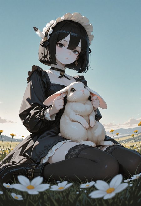 masterpiece, newest,absurdres,incredibly absurdres, best quality, amazing quality, very aesthetic,no lineart,no outline, 1girl, black hair, bob cut, hair between eyes, feather hair ornament, frilled hair band, detached collard, lace trim,  solid black eyes, looking at viewer, expressionless, pale skin, goth fashion, frilled black dress, square neckline, black thighhighs, zettai ryouiki, ankle boots, wariza, grabbing another's ears, ear fondling, animal, animal focus, rabbit, sitting on lap, outdoors, meadow, weed,  lush nature, blooming flowers, clear sky,backlight, straight on, from below, blurry foreground, depth of field, painterly, scenery, 1990s (style), usnr