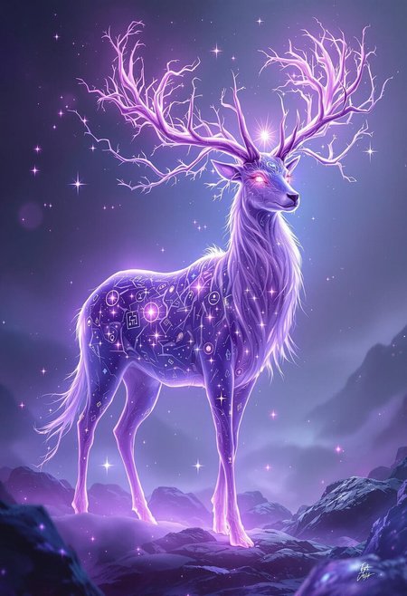 An epic mist-infused celestial stag stands regally in an ethereal, mystical landscape, its elegant form shimmering with swirling, otherworldly energy that flows and shifts in hues of vibrant purple and glowing lavender. Its sleek coat appears as if woven from liquid starlight, softly glowing and interspersed with delicate trails of sparkling mist. Its massive, branching antlers are adorned with glowing runes and shimmering motes of amethyst light, leaving faint traces of swirling mist in their wake as they rise like a crown of power. The stag’s luminous eyes blaze with a serene brilliance, as though imbued with the wisdom of the cosmos, and its hooves leave faint impressions of glowing, misty light on the ground, which dissipate into shimmering tendrils. The surrounding environment pulses with the stag’s ethereal aura, with floating, glowing crystals and swirling, violet-hued mists illuminated by soft starlight. This mythical creature exudes an aura of tranquility, elegance, and a transcendent energy, as though it were a guardian of the boundary between the material and the celestial realms