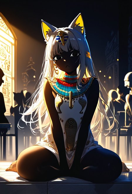 (masterpiece, best quality), (score_9, score_8_up, score_7_up,source_anime), 4K8K, high res image, Uncorrected, white print, lineart print, print, 
from front, body focus, portrait, 
Ankha_(Animal_Crossing), (solo:1.3), 
(animals), silhouette, backlit, backlighting, dark night, Porcelain Mix Gold, pmg style, 
(golden lines, white silhouette skin, Skin like porcelain), 
sitting, bent over, spreading legs, Arms between legs, Porcelain wall, (small stature, petite:1.3), (breasts:1.1), (white hair, verry long hair, cat ears, cat's eyes, Ankha eyes),