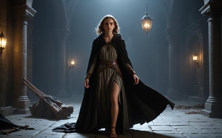 (clothed, masterpiece, wide angle, cinematic establishing shot, young adult european woman, highly detailed background:1.2), volumetric lighting, subsurface scattering, dynamic pose, (special effects, color grading, fantasy aura), (Shadow Weaver:1.4), (Small Perky breasts:0.81), Moonless night, stealthy movements, shadowy cloak, hidden daggers
