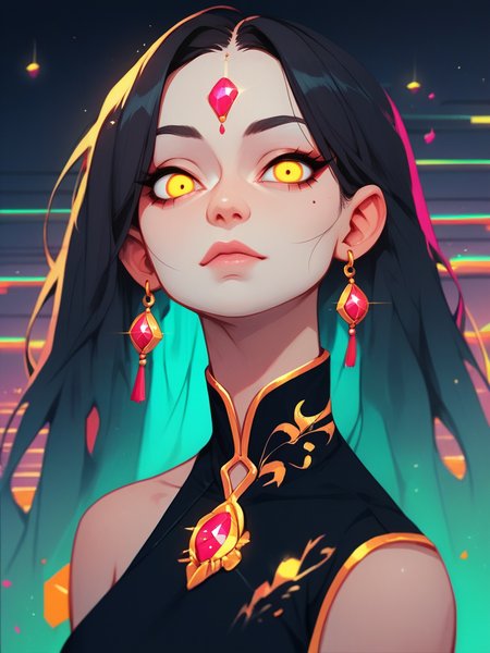 1girl, vibrant color, black hair, golden eyes, black dress, long hair, jewels, chinese dress,
 <lora:Vaporwave:1> vaporwave,, score_9, score_8_up, score_7_up, score_6_up, score_5_up, score_4_up, BREAK