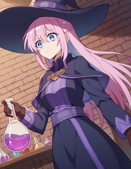 score_9, score_8_up, score_7_up, source_anime, <lora:miyako-shikimori-s1-ponyxl-lora-nochekaiser:1>, miyako shikimori, long hair, blue eyes, hair between eyes, pink hair, medium breasts,, <lora:wizard-ponyxl-lora-nochekaiser:1>, wizard, wizard hat, robe, dress, long sleeves, gloves,, indoors, bricks, potion, flask, vial,, cowboy shot,, , dutch angle, cowboy shot