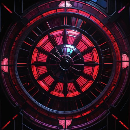deathstar, clockwork, steampunk, stained glass, fiber optic, red neon, troncore, radial, dark futuristic, dark space background